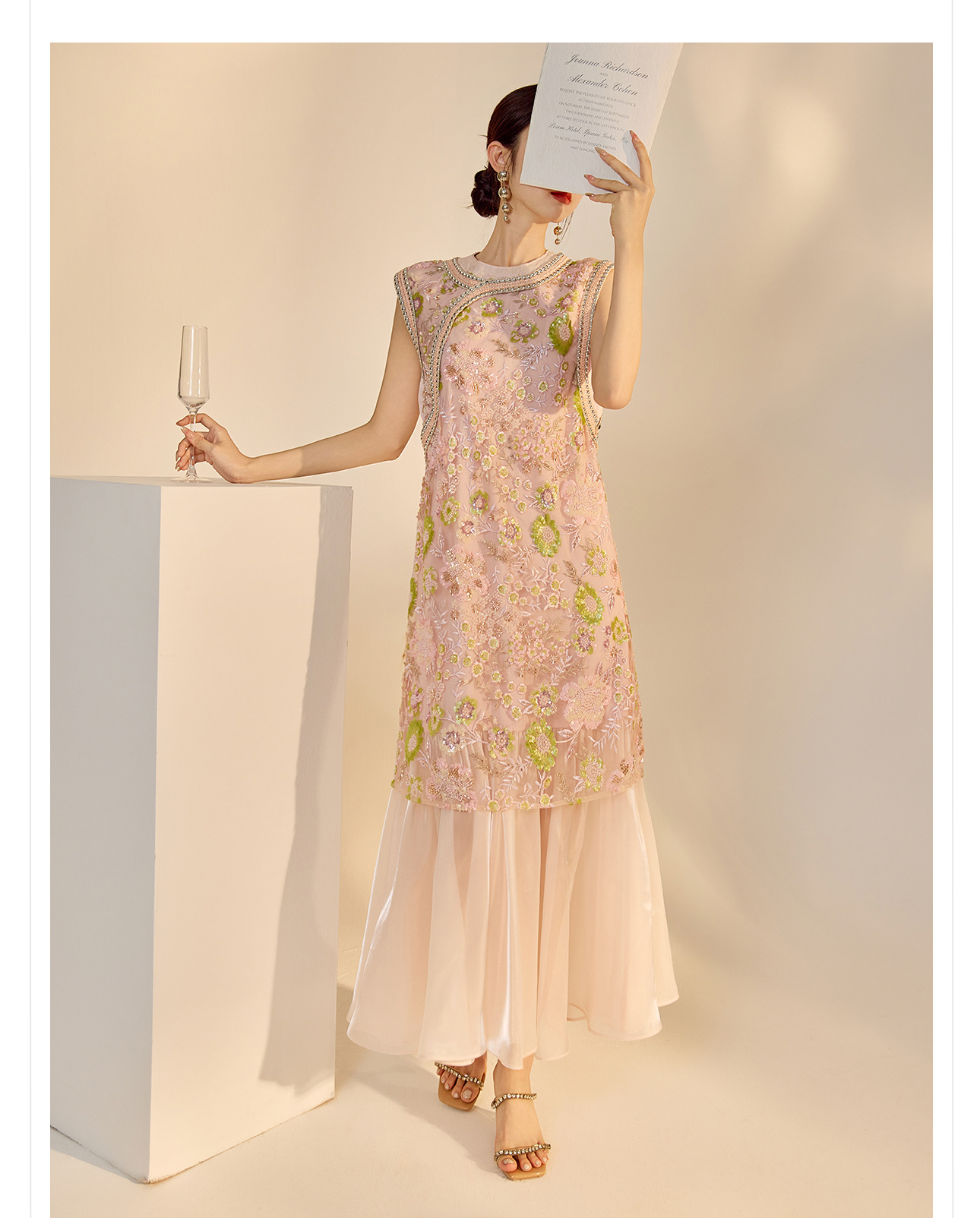 Váy sườn xám maxi thêu sequin phong cách Trung Quốc mới mùa hè N5042 — hồng, Xanh lam sông băng chi tiết 29