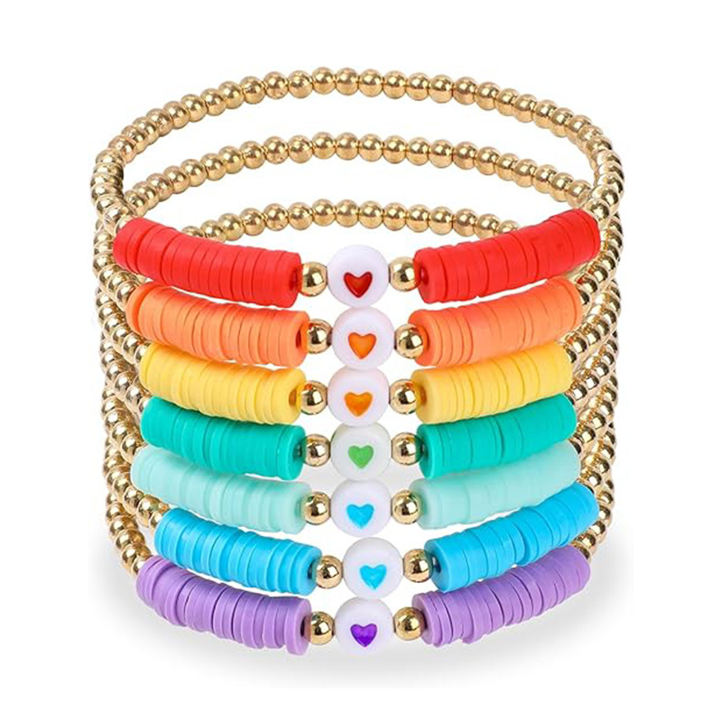 Amazon Men's and Women's Colorful Soft Pottery Elastic Friendship Bracelet European and American Love Dopamine Gold Bead Friendship Bracelet