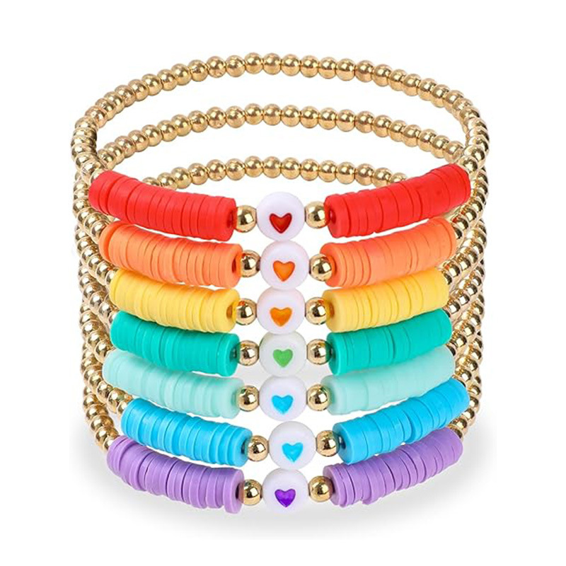 Amazon Men's and Women's Colorful Soft Pottery Elastic Friendship Bracelet European and American Love Dopamine Gold Bead Friendship Bracelet