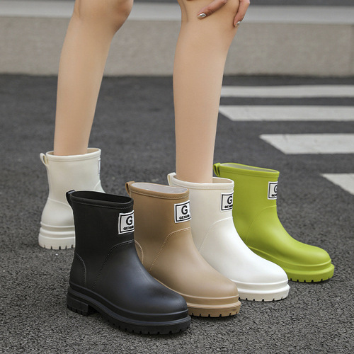 跨境时尚中筒雨鞋女款欧美风厚底雨靴厂家直销防滑耐磨防水胶鞋