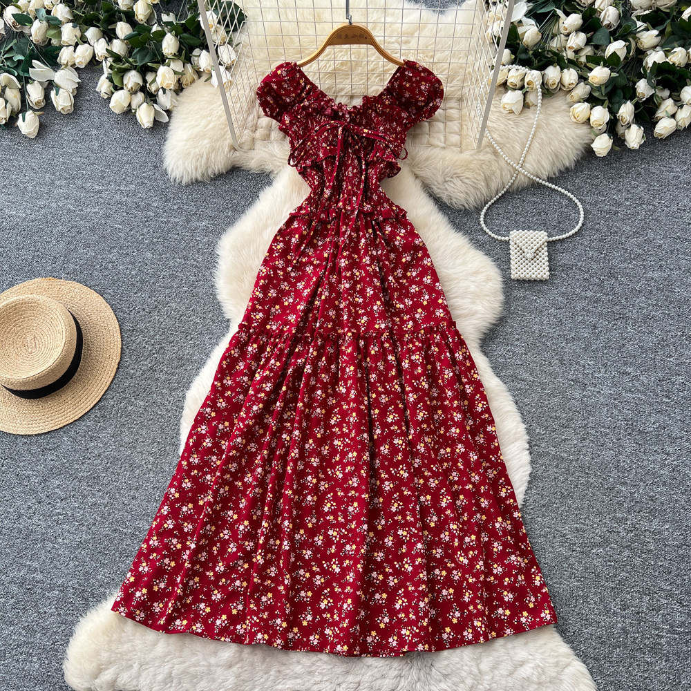 Women's French Sweet Style Square Neck Floral Dress Summer Korean Pleated Waist Tie A-Line Elegant Long Red Dress_ecoleips.com