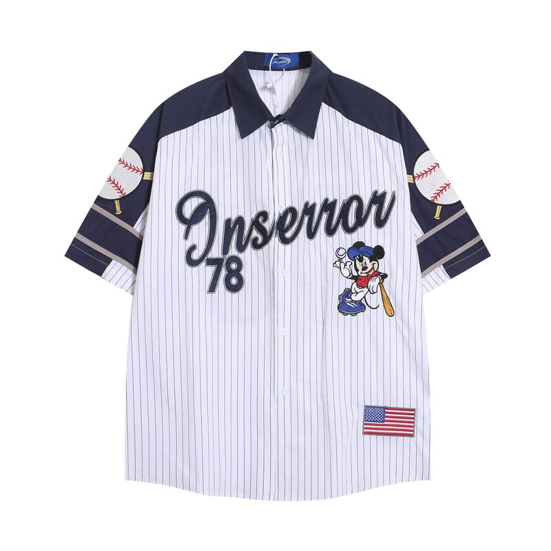 Japanese Striped Color Contrast Mickey Baseball Short Sleeve Shirt for Men and Women Teenagers Summer Street Loose Couples Shirt