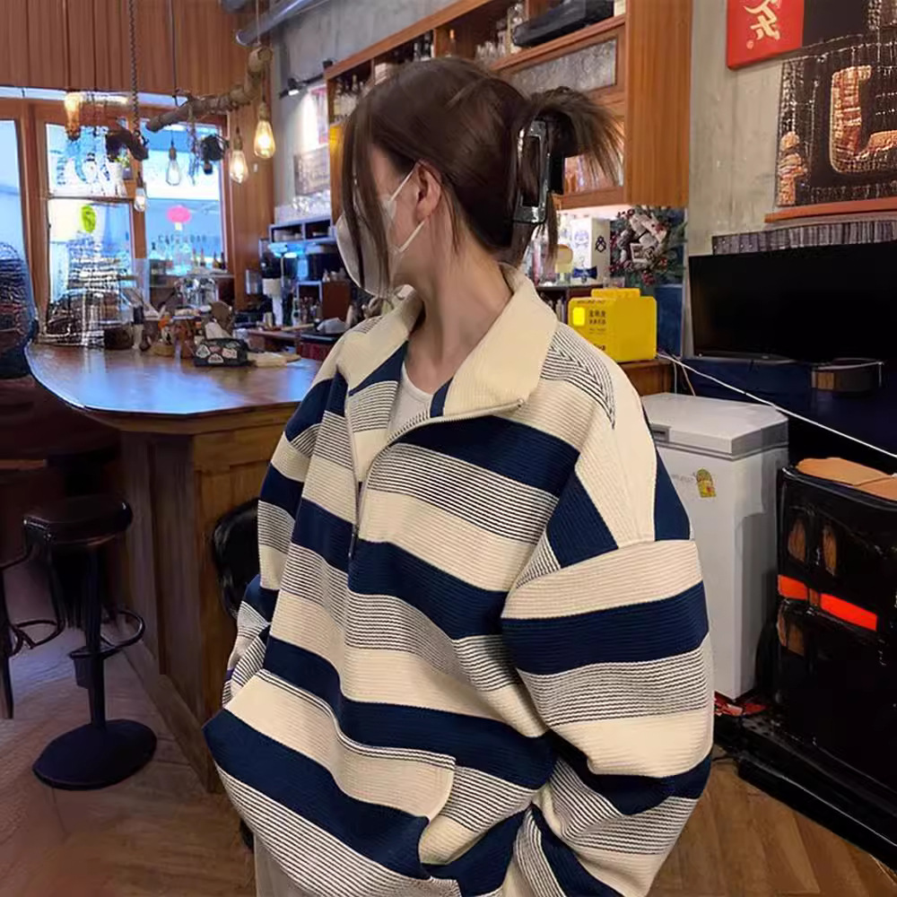 美式复古半拉链条纹卫衣女春秋薄款oversize宽松长袖上衣外套欧货