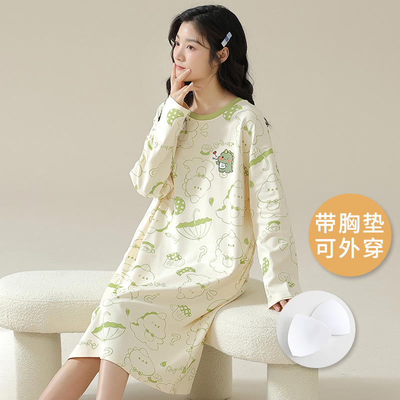 2024 pijama de primavera y otoño de mujeres cuello redondo pijama de manga larga estilo coreano delgado con cojín de pecho dibujos animados larga ropa de hogar encantadora