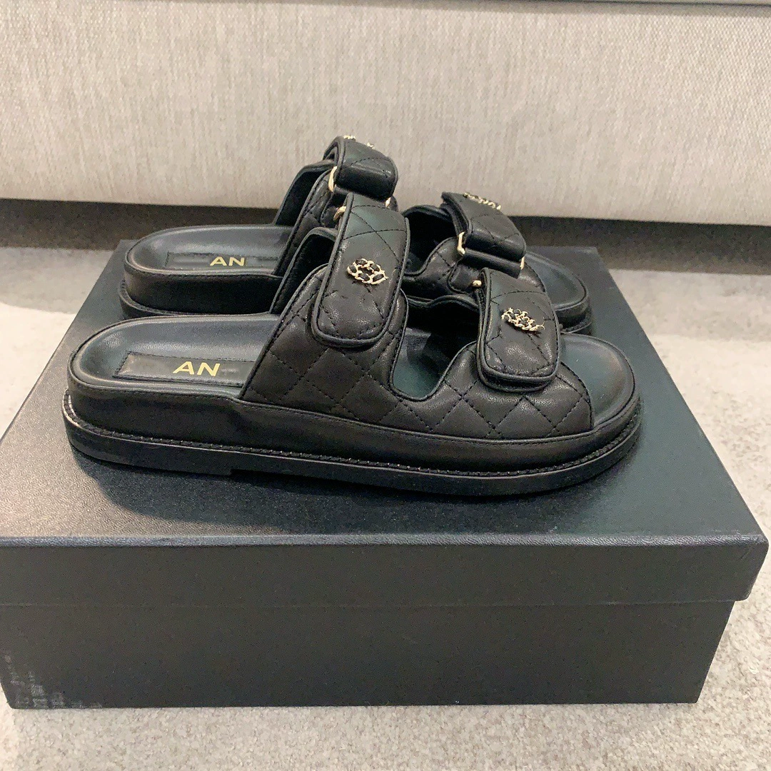 Летняя слайд/сандалия с липучкой, обувь для отдыха, стиль Chanel, год 2024, натуральная кожа