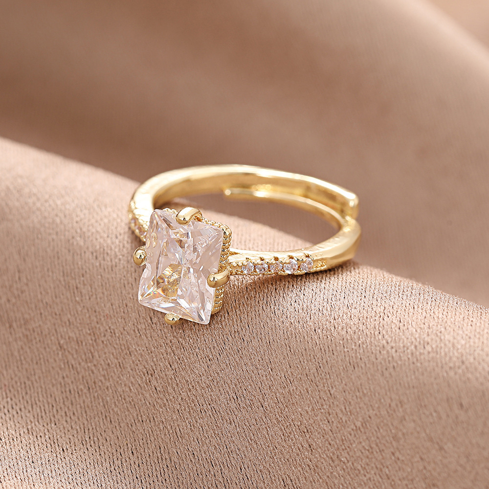Light luxury copper-plated zircon ring, feminine and high-end, open adjustable super flash ring, simple popular ins style