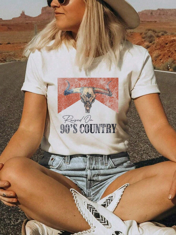 Women's 90S Country Graphic T-Shirt - Loose Version Round Neck Short Sleeve Casual Top for Spring and Summer