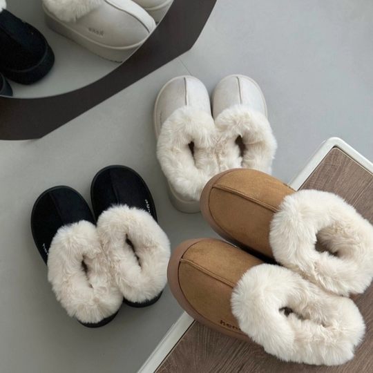 Keke Winter fleece-lined Thick Cotton Slippers Women's Non-slip Warm Wearing Household Slippers Winter Indoor Home Cotton Slippers