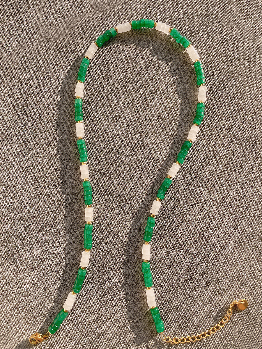 Fashion Round natural stone Titanium Steel Beaded Necklace 1 Piece