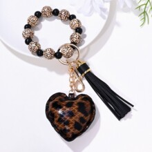 PU皮革豹纹爱心流苏木珠手腕钥匙扣跨境欧美时尚包包汽车挂件挂饰