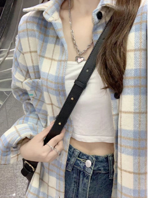 蓝色格子衬衫磨毛上衣外穿女2025新款秋款复古设计感小众衬衣外套|undefined