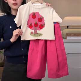 网红女童韩版休闲套装儿童夏季新款卡通百搭阔腿裤上衣下裤两件套