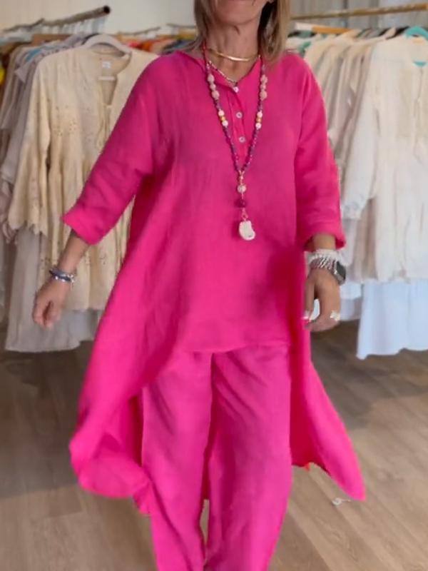 Sommer Neues Produkt Schneller Verkauf Einfarbiges Lässiges Langarm-Set aus Baumwolle und Lazy Style für Damen_voghion.com