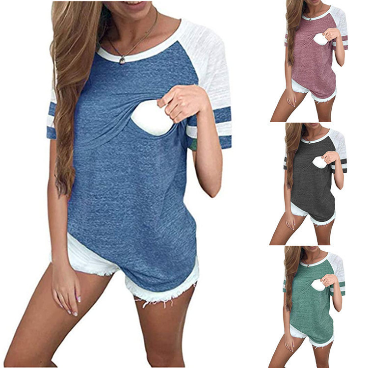 2020 Cross-border European and American Women's Clothing Amazon Explosions Raglan Sleeve Breastfeeding T-Shirt Round Neck Color-matching Short Sleeve Nursing Top