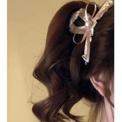 韓国系の質感の真珠のリボンの蝶結びのレースのヘアピンの甘い後頭部のつかみの超仙の髪飾りの女性