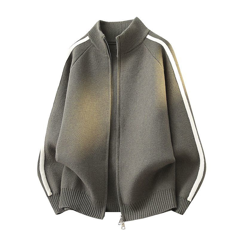 Explosiones transfronterizas de tamaño grande europeo a rayas cardigan jersey suéter chaqueta de hombre con cremallera fábrica de cuello vertical al por mayor