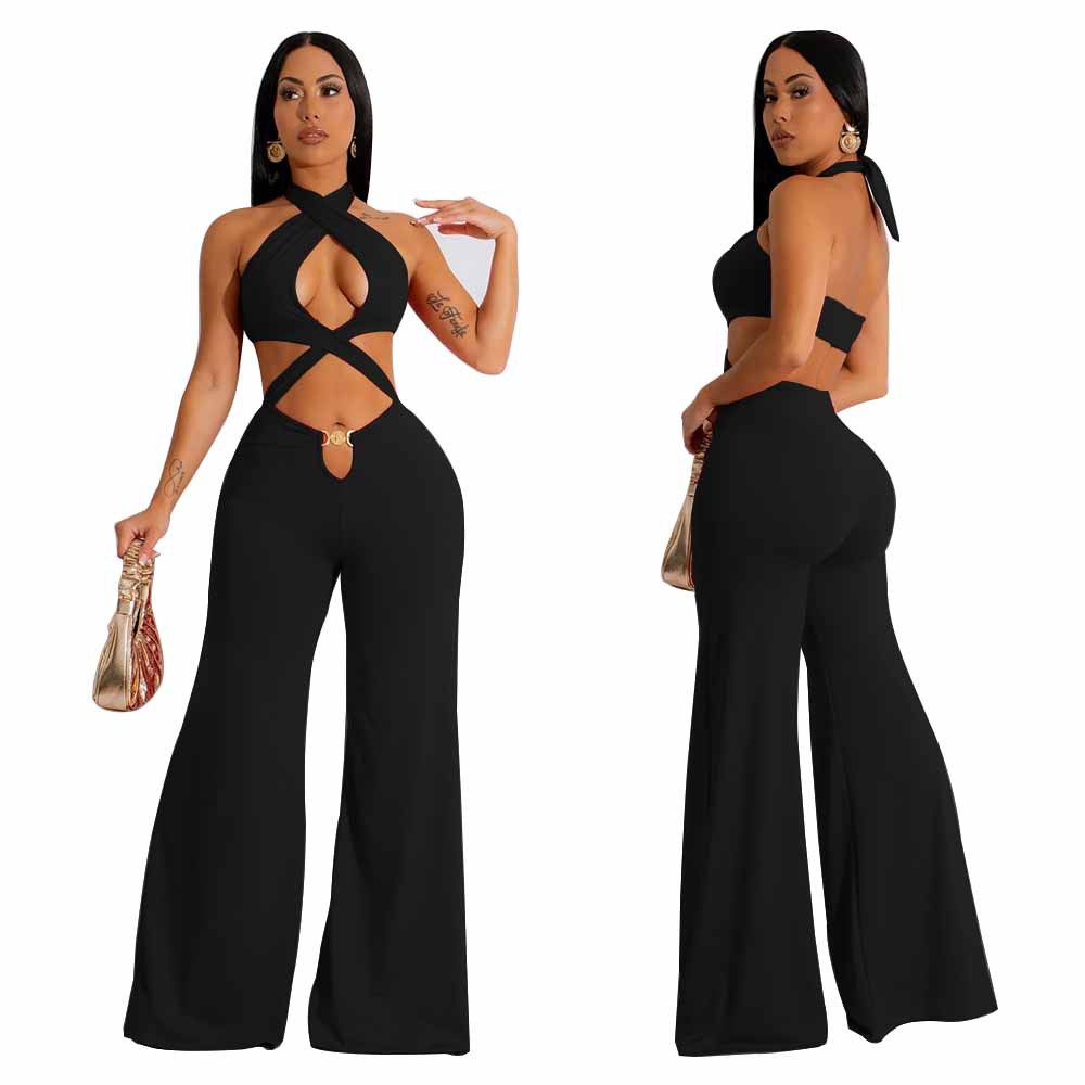 K10496 estilo europeo y americano Amazon ropa de mujer al por mayor discoteca popular sexy hueco-fuera Halter ombligo mono de pierna ancha image 6