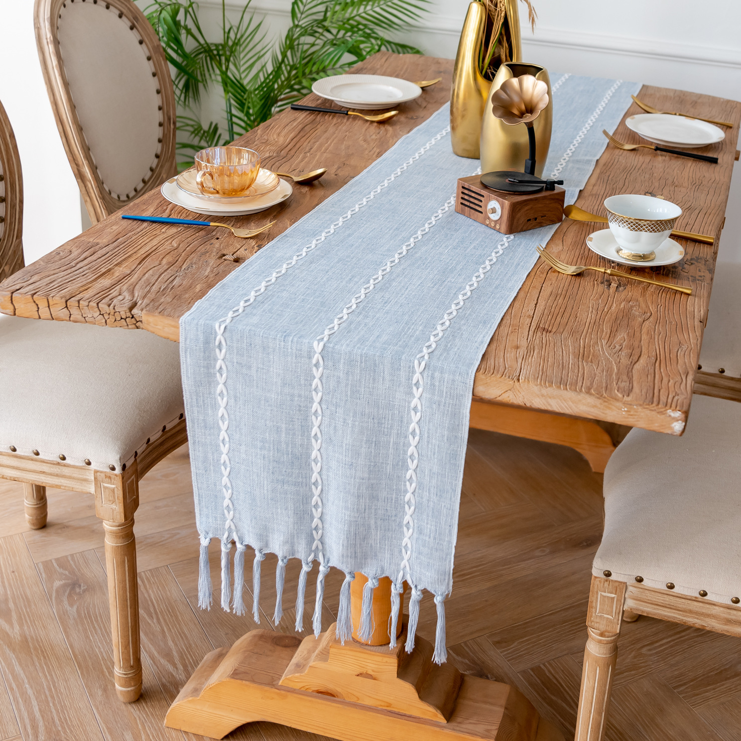 Lexiang 논 홀-블루 수제 테이블 러너