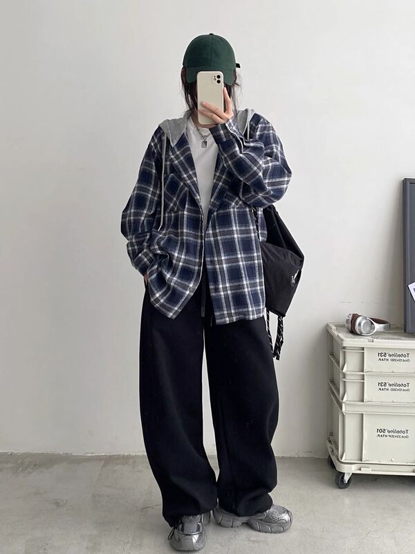 复古连帽格子衬衫女春秋宽松慵懒风小个子格纹衬衣跨境防晒外套女|undefined