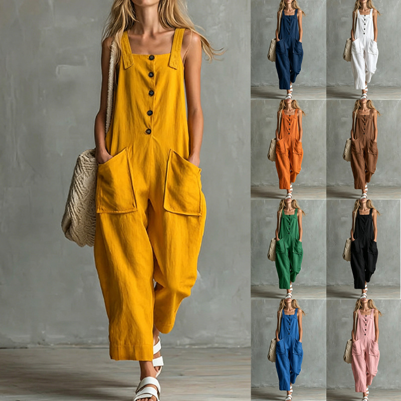 Cross-Border Vacation Workwear Jumpsuit Linen Overalls Women's Loose Wide-Leg Overalls with Large Pockets