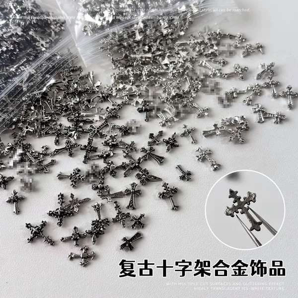 Dark Cross Nail Art Accessories Mixed Set Retro Punk Style Cross Rivets DIY Alloy Wearable Nail Decorations