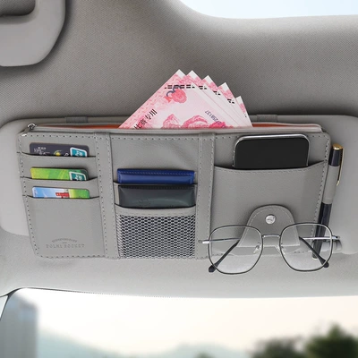 Car Sun Visor Storage Holder Multi-function Car Car Interior Glasses Holder Card Holder Storage Bag Certificate Holder Storage Cover (Multimediya və saxlama aksesuarları) - zippered-gray