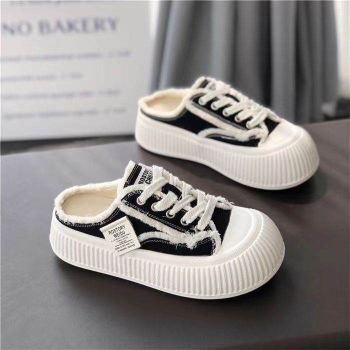 Lazy Women's Slip-On Mules with Closed Toe, Autumn 2025 New Style, Canvas Shoes with Thick Platform Sole Lazy Women's Slip-On Mules with Closed Toe, Autumn 2025 New Style, Canvas Shoes with Thick Platform Sole