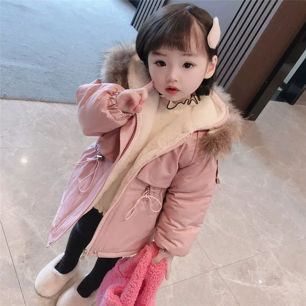 女童中长款羽绒棉袄服女孩加绒加厚棉衣服儿童宝宝派克服外套冬装