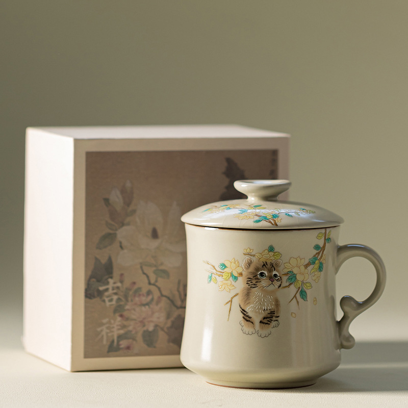 仿古汝窑黄花猫月牙水杯家用办公室开片可养陶瓷茶水分离杯马克杯|undefined