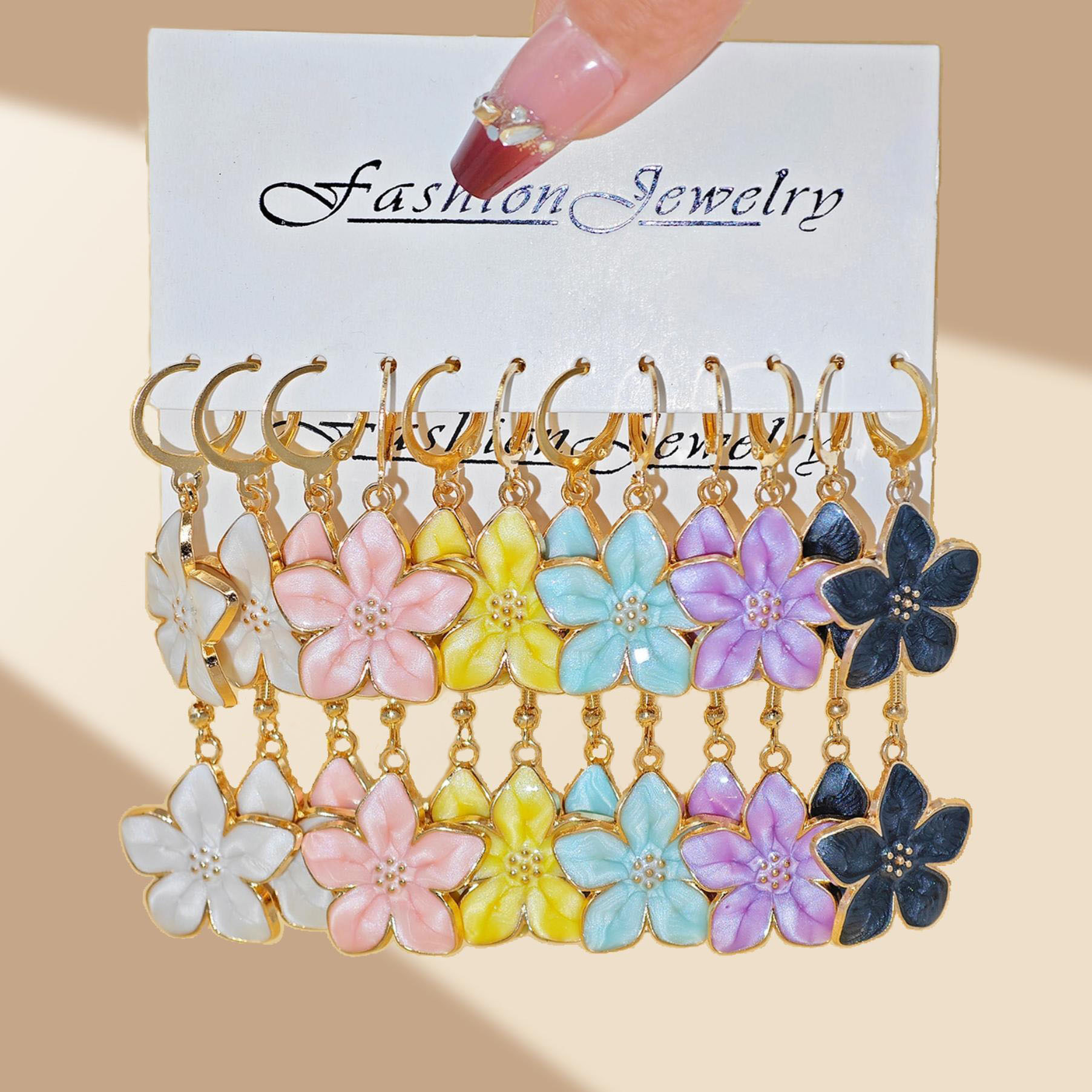 Juego de pendientes de aleación con diseño de flor de cerezo, estilo europeo y americano, superventas transfronterizo, diseño de nicho, con efecto de goteo de aceite y colores vibrantes, venta al por mayor