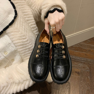British Metal Buckle Vintage Embroidered Loafers Spring Round Toe Thick Heel Thick-soled Leather Shoes Women's Comfortable All-match Single-layer Shoes