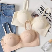 无肩带手掌杯超厚蕾丝边内衣女聚拢防下垂文胸小胸加厚显大文胸罩