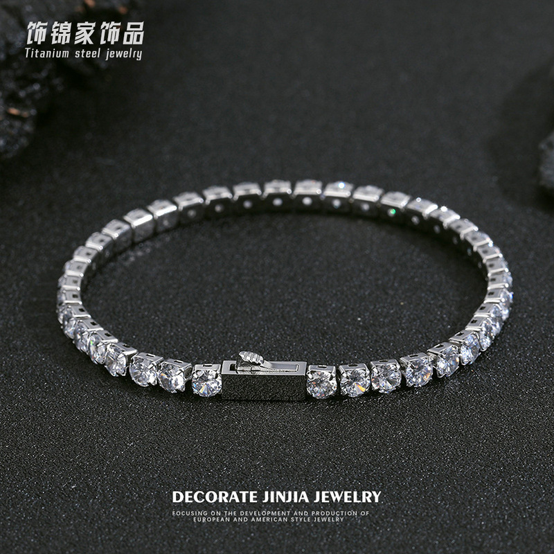Stainless Steel Tennis Chain Bracelet with Full Diamond and Zircon Inlay, Dazzling High-End Single-Row Diamond Men's Titanium Steel Jewelry That Does Not Fade