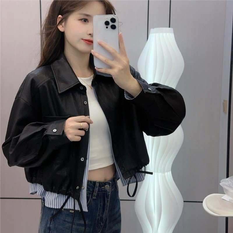 两件春秋皮夹克感早秋夹克复古2025高级假皮衣抽绳外套翻领新款