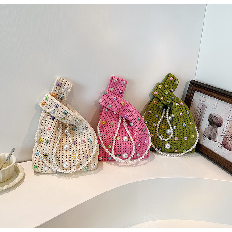 Straw Bag Bags Type Women's Medium Knit Solid Color Cute Pearls Open Straw Bag