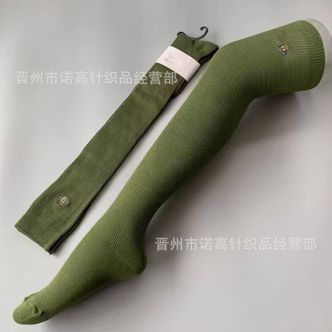Calcetines japonesas bordadas Saturno rodilla sobre rodilla calcetines sólidas escolares de doble aguja peinadas calcetines de algodón