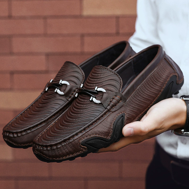 81057 Мужская обувь Маленькие кожаные туфли Lefu на весну и лето с низким верхом, слипоны, полосатая дышащая повседневная обувь из воловьей кожи