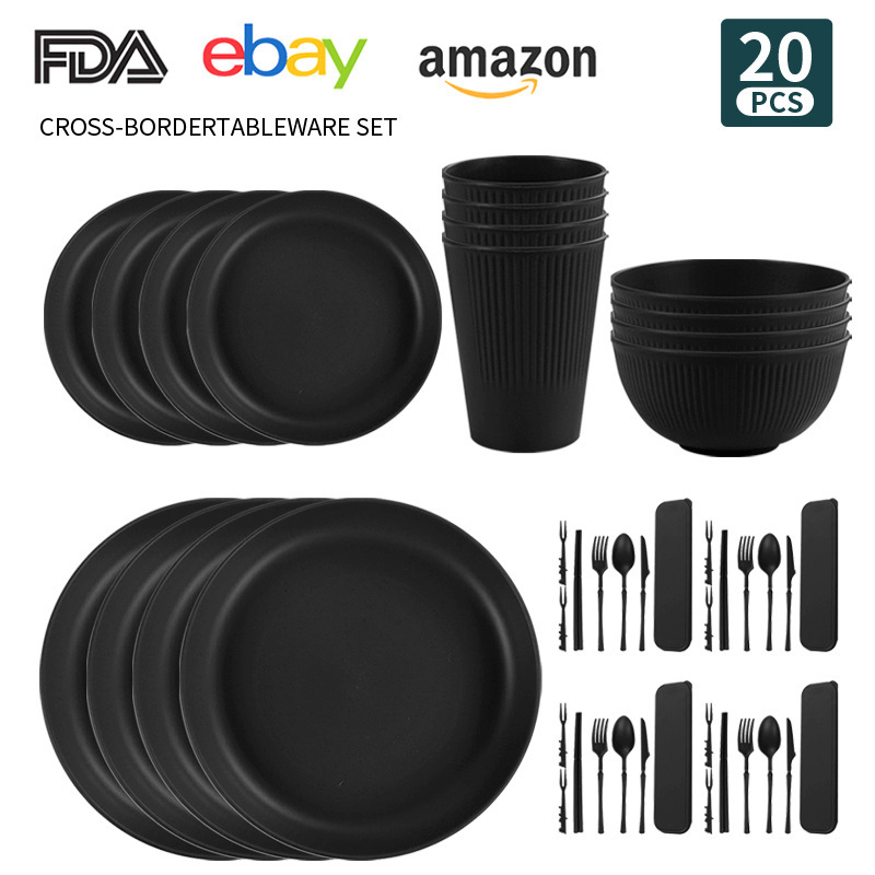Cross-border Wheat Straw Vertical Grain Bowl Plate Cup Knife Fork Spoon Chopsticks Combination suit Household Outdoor Portable Tableware Cross-border Wheat Straw Vertical Grain Bowl Plate Cup Knife Fork Spoon Chopsticks Combination suit Household Outdoor Portable Tableware