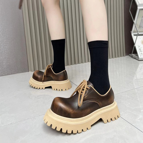 Unisex Mickey Big-Head Derby Shoes in British Style: Chunky Sole Lace-Up Leather Shoes with Round Toes and Thick Heels—Made from Genuine Leather Loafers