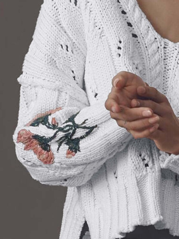 国境を越えた貿易セーター 2025 秋冬新作 V ネック刺繍花レイジースタイルショート長袖セータートップ|undefined