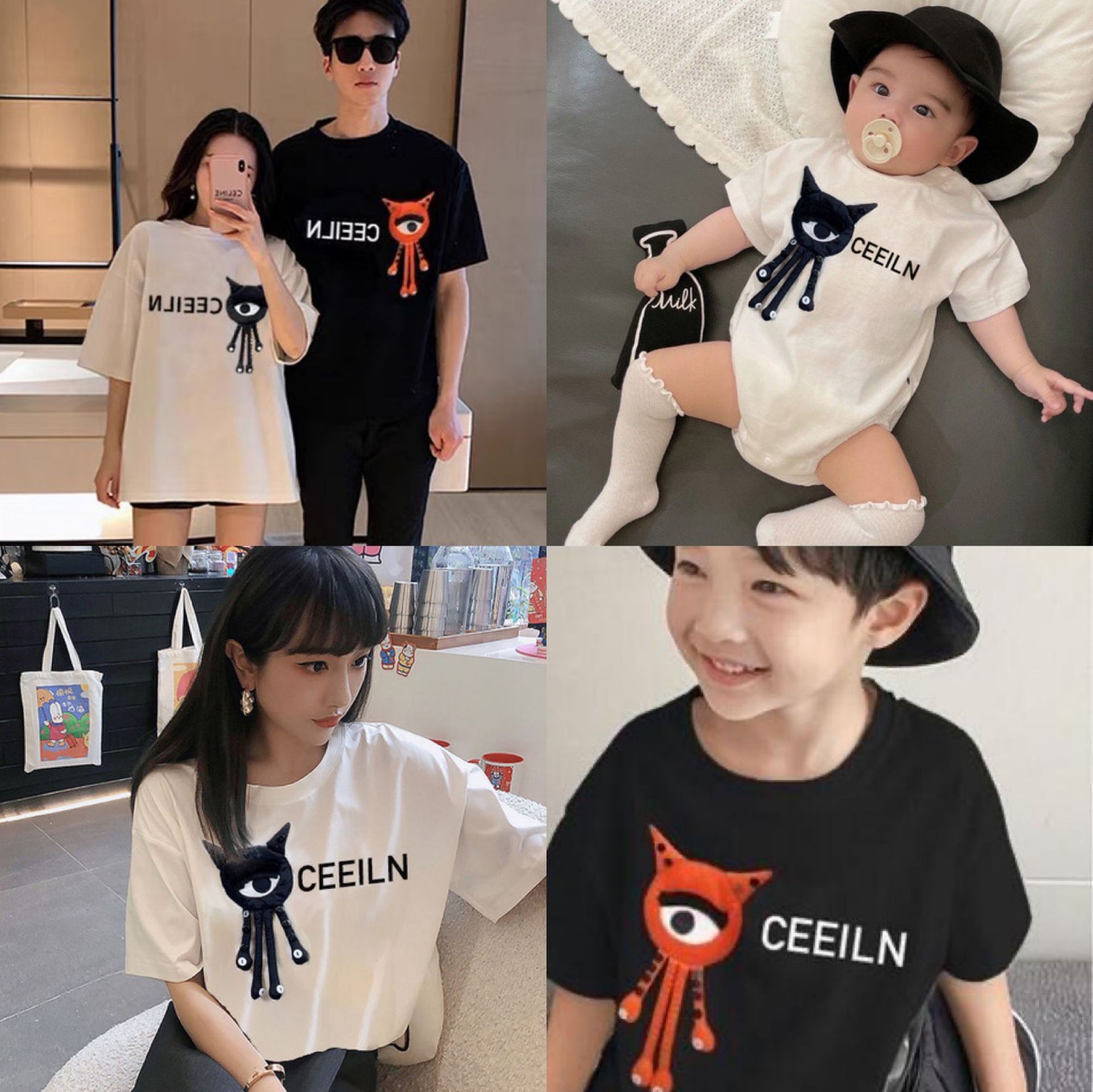 Summer Parent-Child Clothing 2023 Newborn Baby Family Set Korean Style Letter Cartoon Big-Eyed Doll Round Neck Short Sleeve T-Shirt