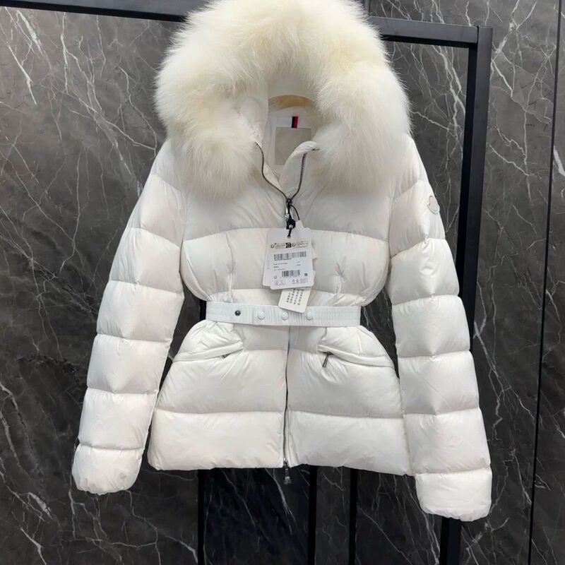 Winter New down Jacket with Fox and Duck Down, Fur Collar, Waist-Cinching, Thickened, Slim-Fit, Short Coat, Slimming, Army Green, White
