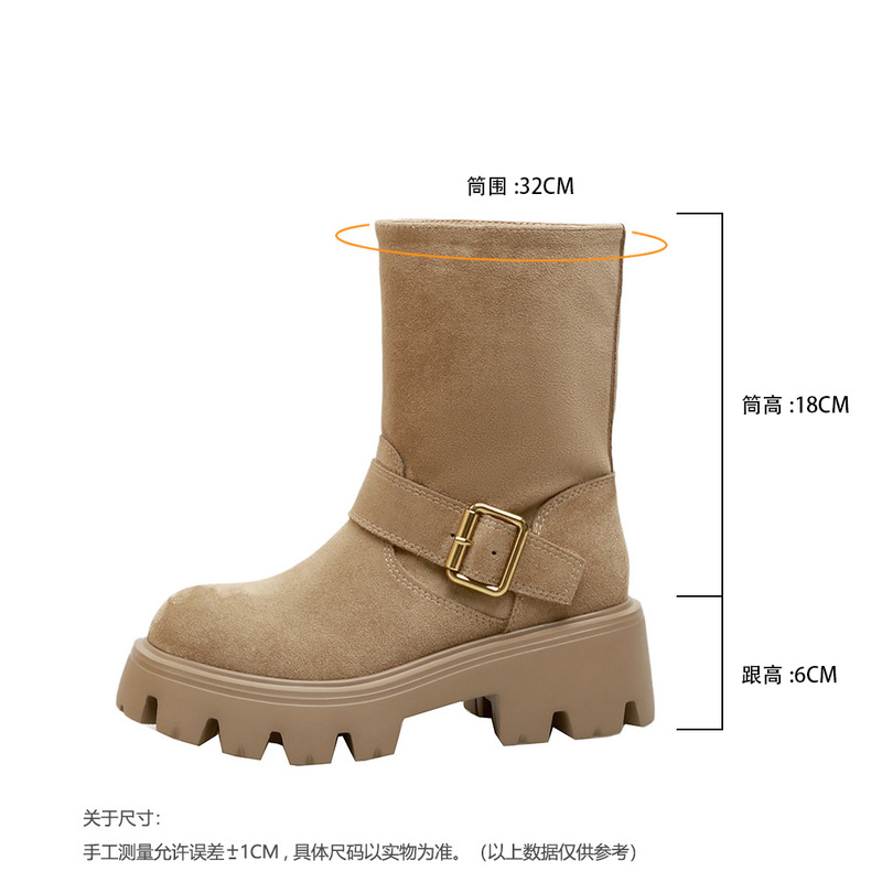 真皮厚底6cm跟高马丁靴女秋冬新款复古机车皮带扣粗跟百搭骑士靴|undefined
