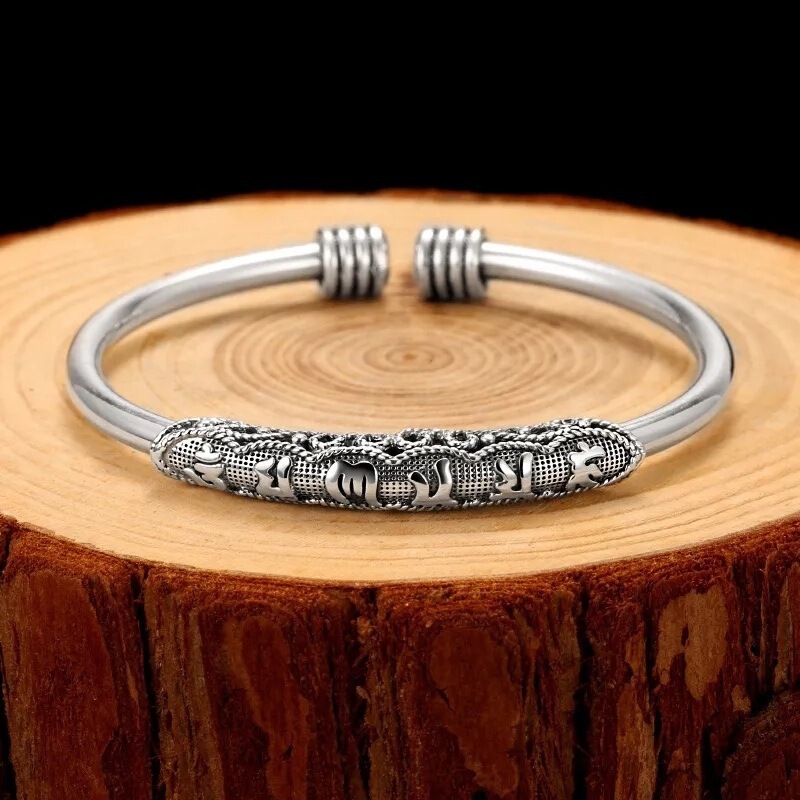 Six-character mantra bracelet men's white copper silver-plated Seiko carved open bracelet women's retro old Sanskrit Heart Sutra bracelet