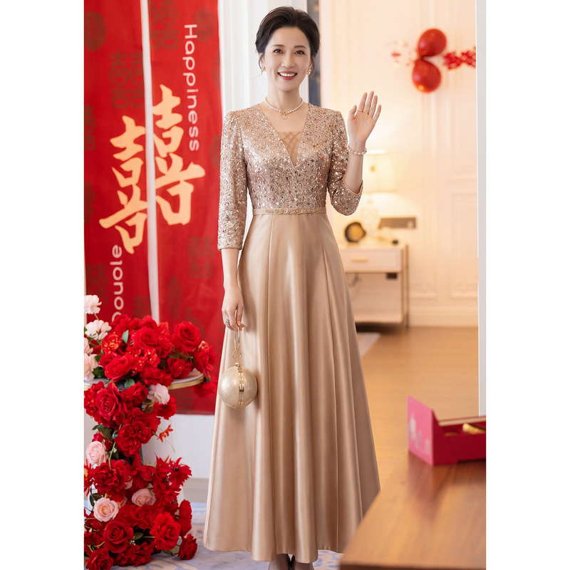 Zhili Ximama's Classy Wedding Dress, Elegant V-Neck Long Dress That Covers the Belly and Hips, 2026 New Summer Model Zhili Ximama's Classy Wedding Dress, Elegant V-Neck Long Dress That Covers the Belly and Hips, 2026 New Summer Model