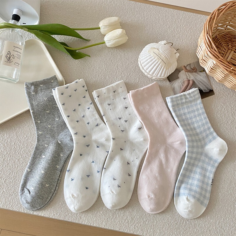 Seamless Blue Plaid Bow Mid-Calf Socks for Women, Sweet Japanese Style, Spring and Summer, Versatile Cotton Socks