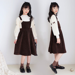 女童秋冬款背帶韓板加絨套裝2024 泡泡袖打底衫雪尼爾復古背帶裙