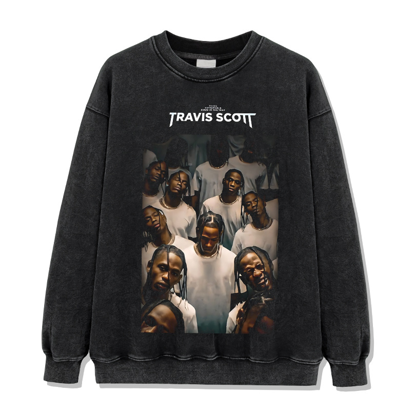 Bc Europa y América calle hip hop Travis Scott rap personaje impreso lavado apenado suelta manga corta Camiseta de los hombres