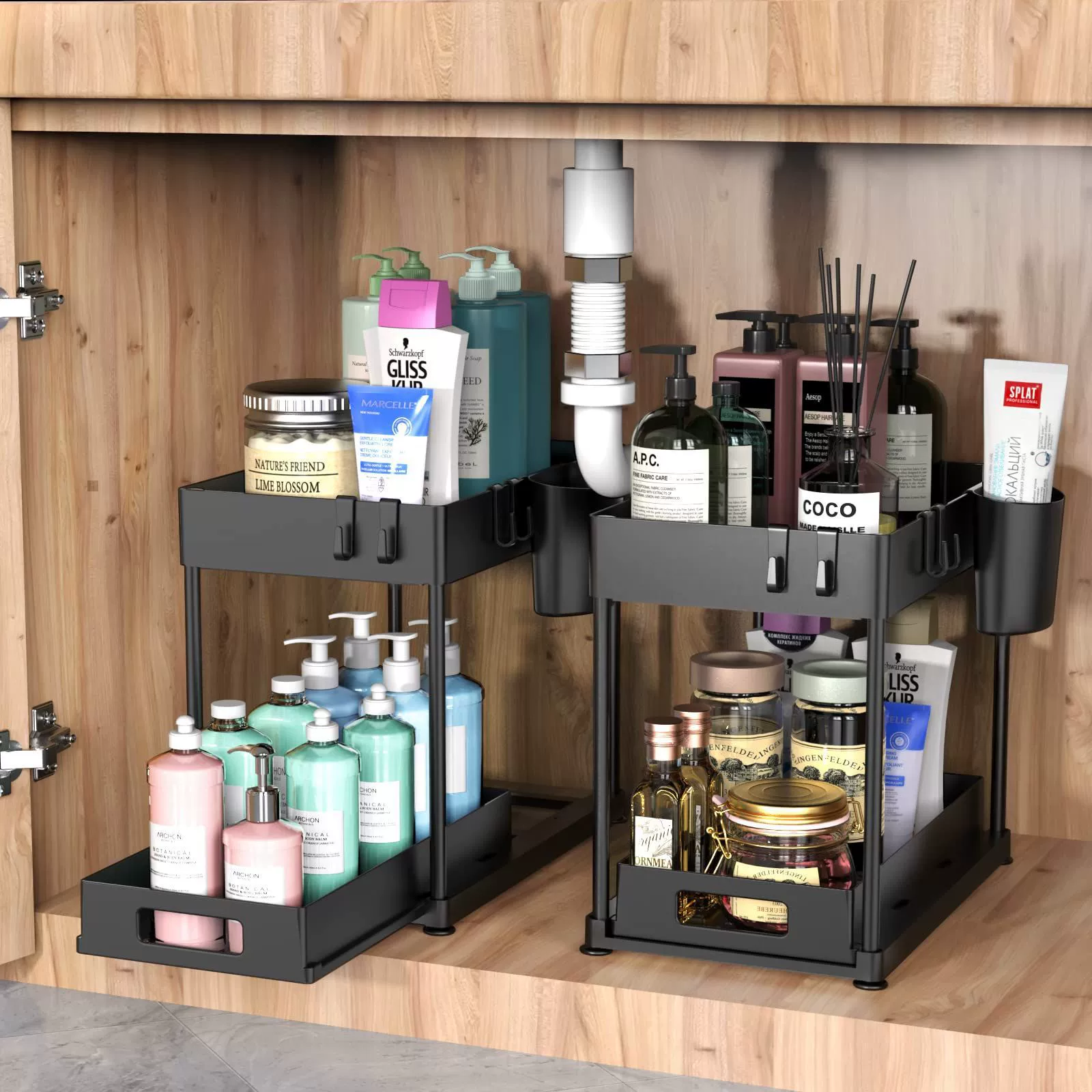 Haohong Double-Layer Pull-Down Kitchen Organizer Rack for Countertop or Cabinet, 40x24x7 cm