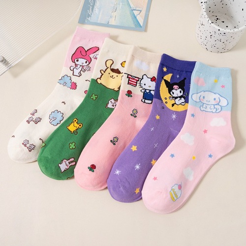 Japanese cartoon socks for women, Korean version of cute combed cotton mid-calf women's socks, candy-colored versatile casual socks